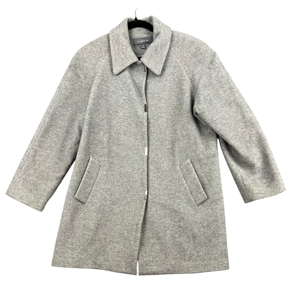 Liz Claiborne Coat Womens 14 Gray Wool Silk Blend Mid Length Snap Front Good